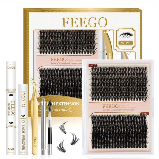 FEEGO Fluffy Eyelash Extensions Kit With Cluster Lashes Applicator for Beginners Individual Lashes Lash Bond Seal Glue Remover (4050D Charming Kit)